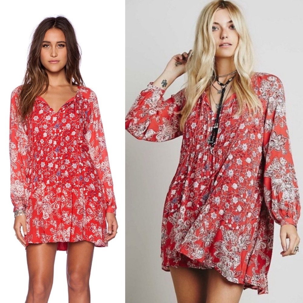 Free People Floral Lucky Loosey Mini Dress S Red Tunic Festival Boho‎ Oversized